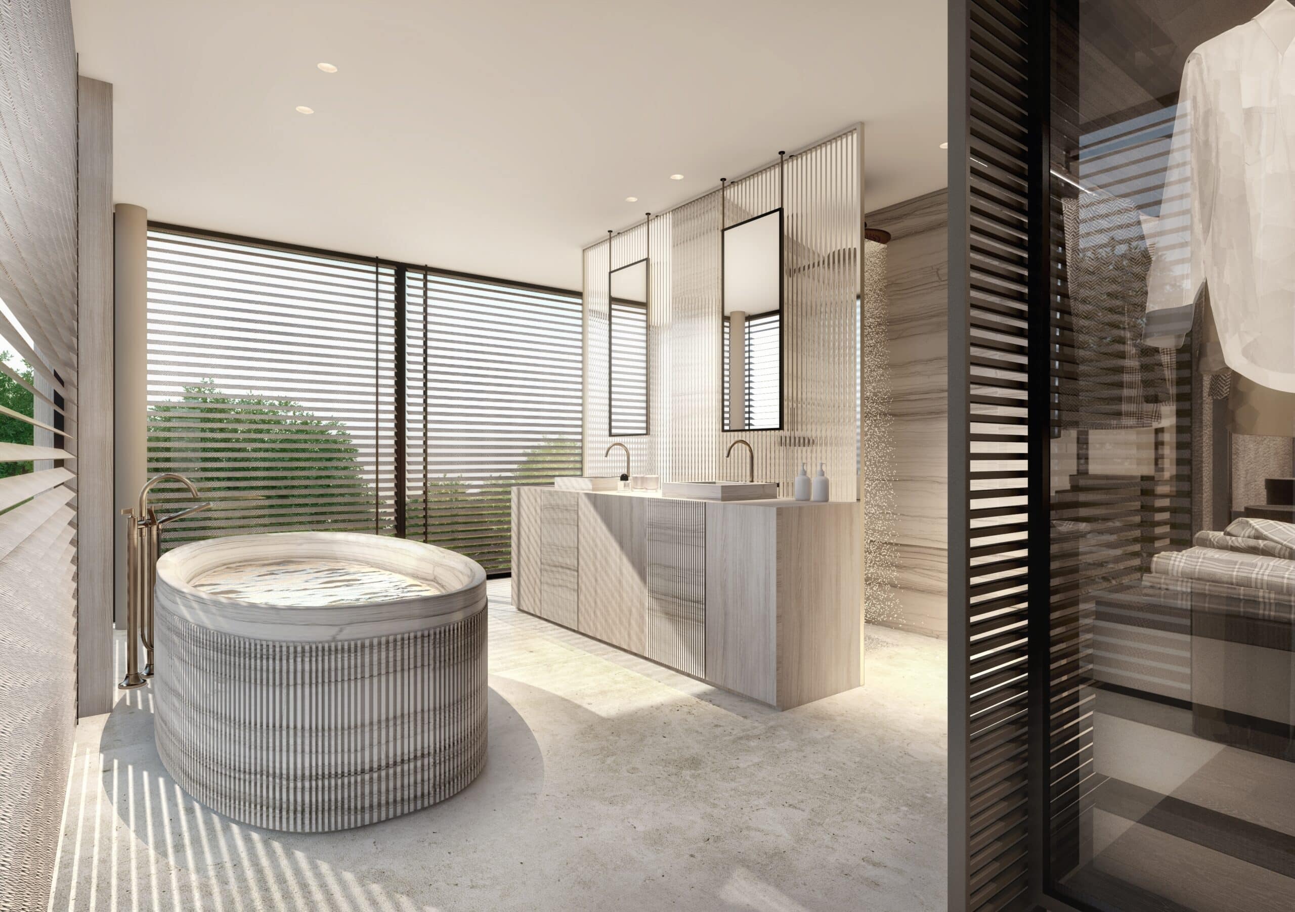 Luxury bathroom visualization emphasizing wellbeing, daylight, and material refinement
