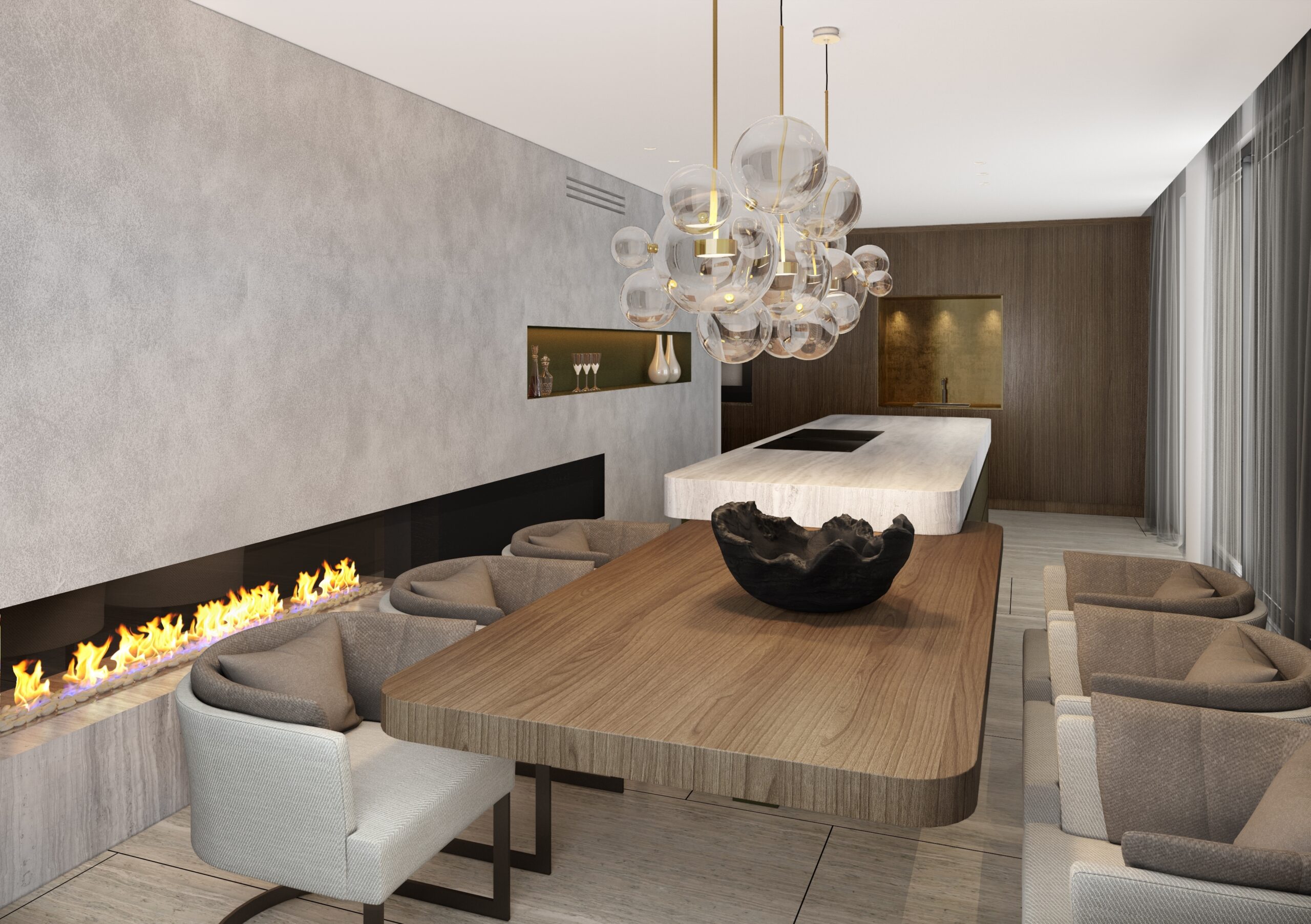 Luxury kitchen and dining visualization illustrating social living and material continuity throughout the residence