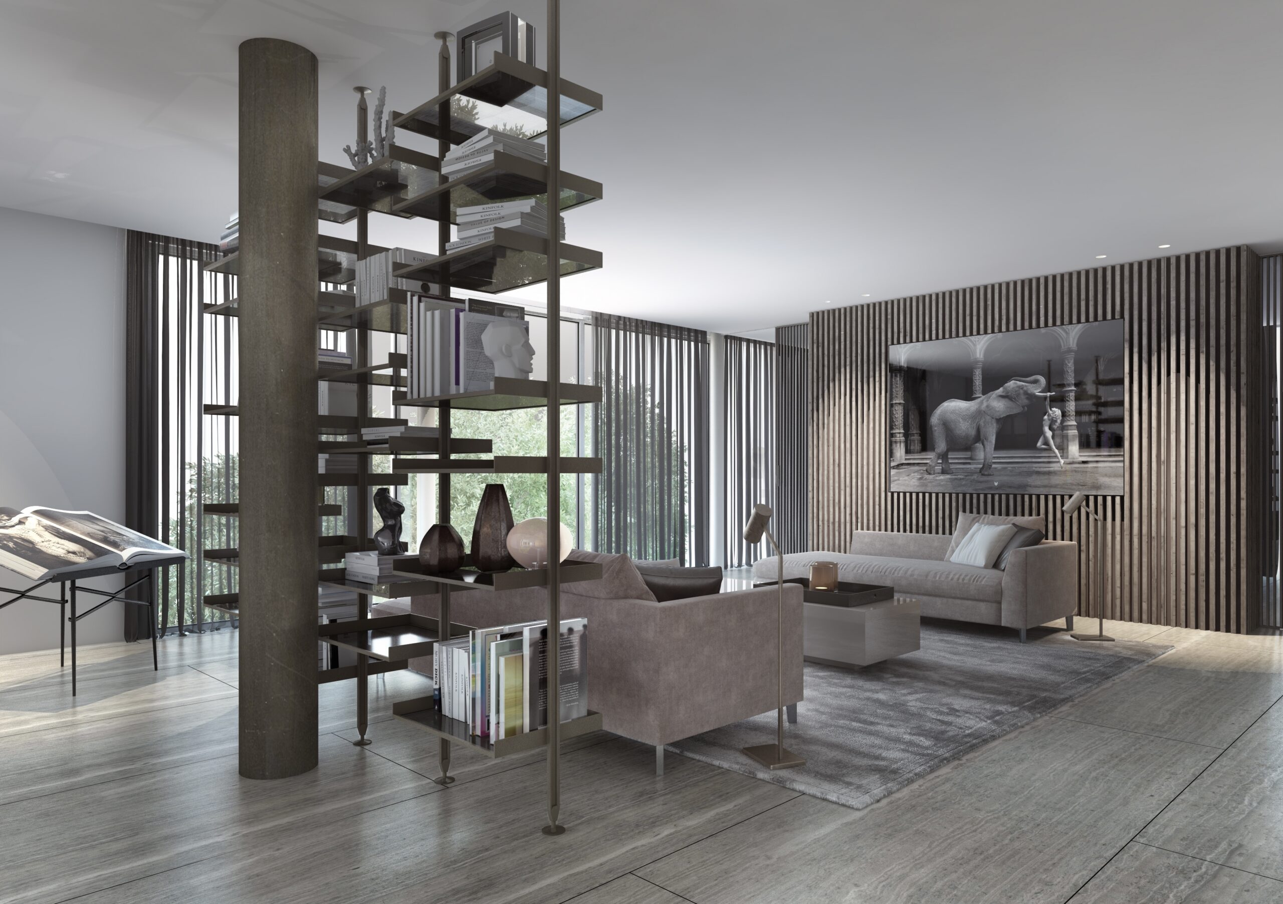 Luxury residential living room visualization showing connected living spaces and contemporary interior design