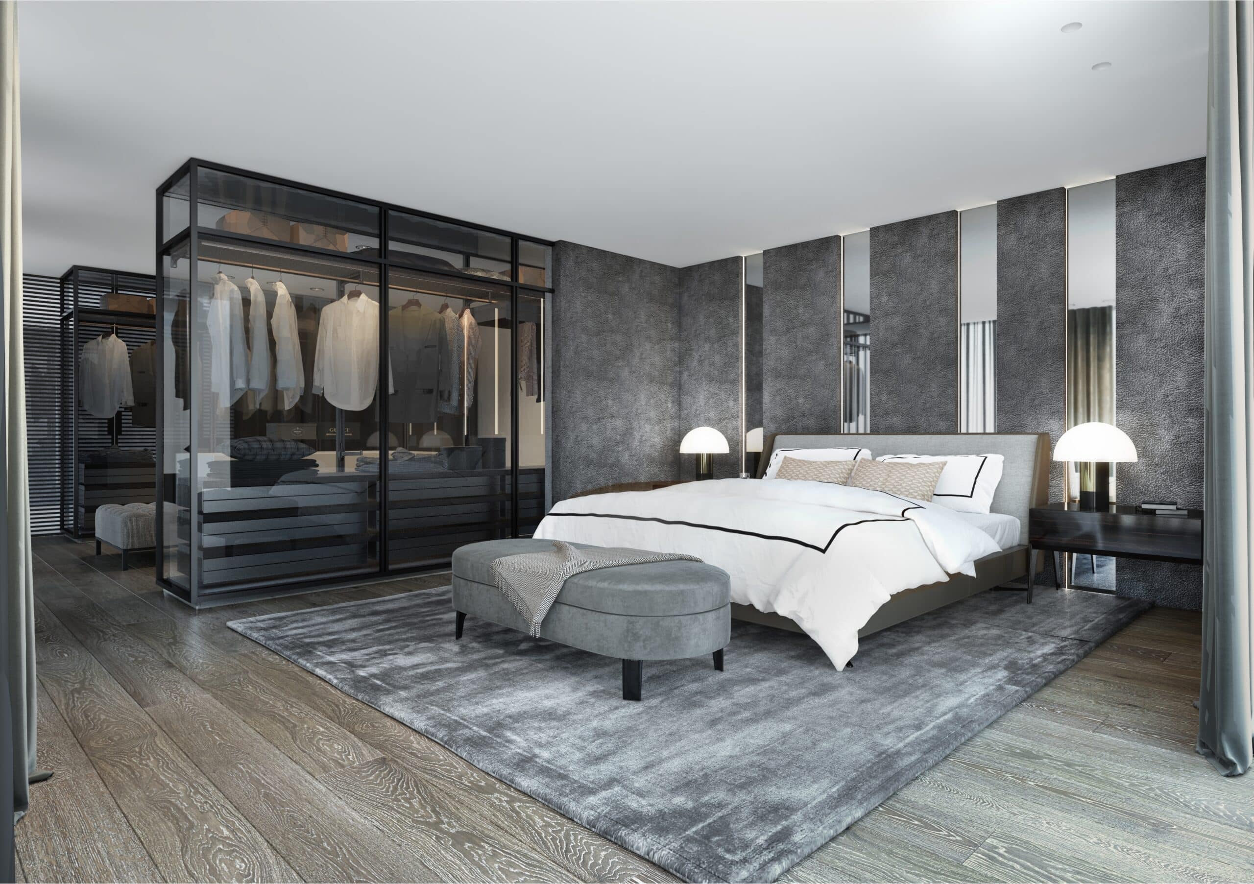 Luxury bedroom visualization with warm materials, integrated lighting, and a calm residential atmosphere