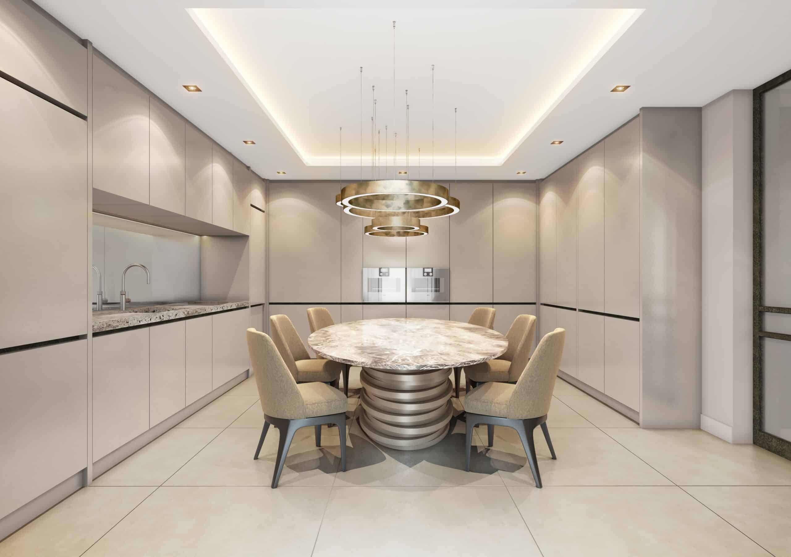 Luxury kitchen and dining visualization emphasizing material consistency, balance, and refined interior design