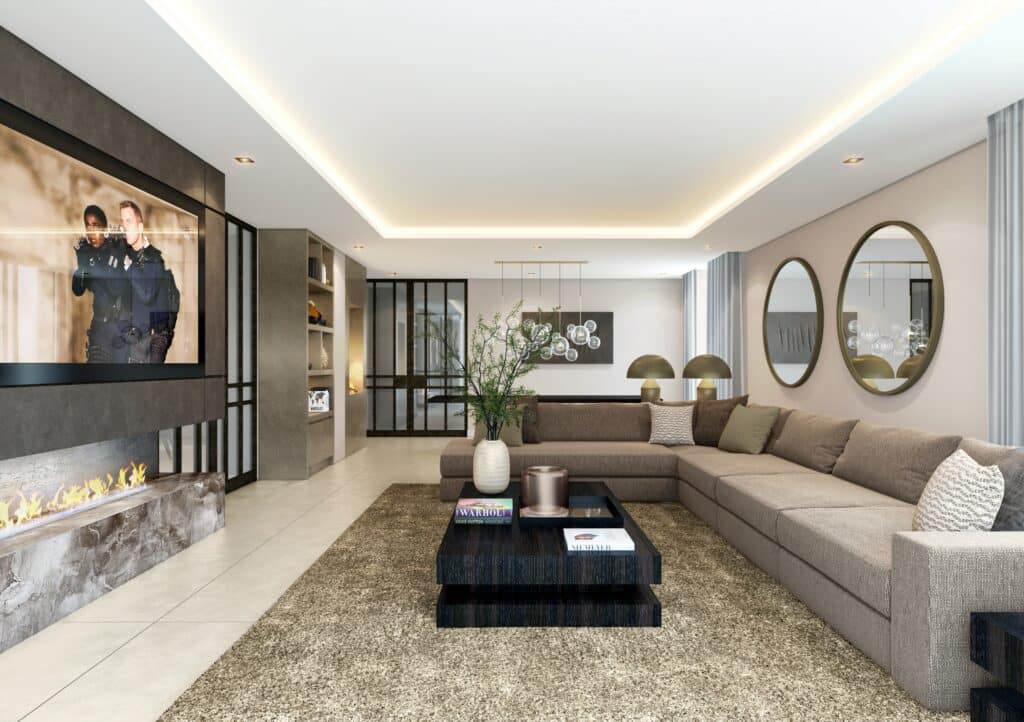 Luxury residential living room visualization communicating atmosphere, material continuity, and connected living spaces