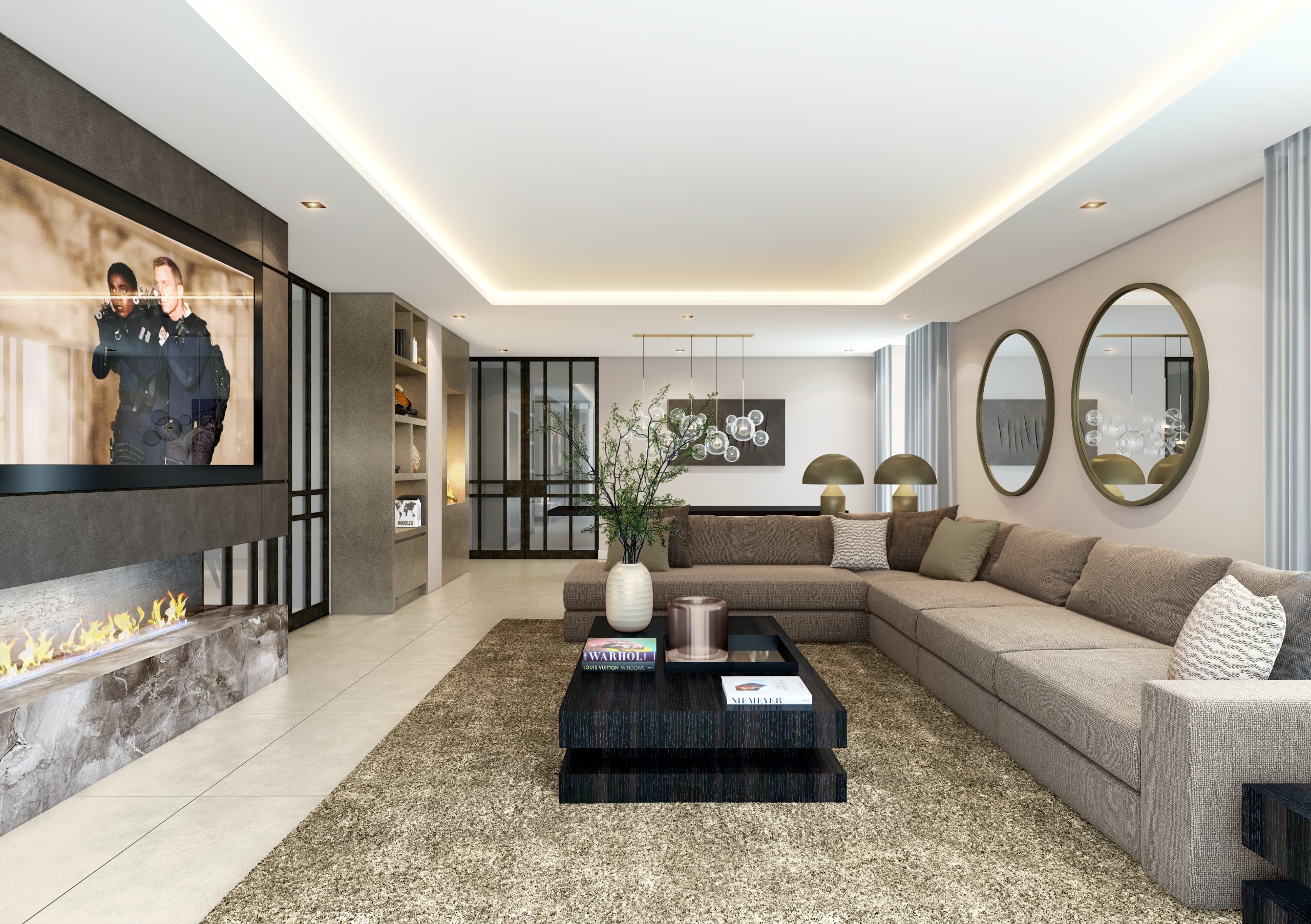 Luxury residential living room visualization communicating atmosphere, material continuity, and connected living spaces