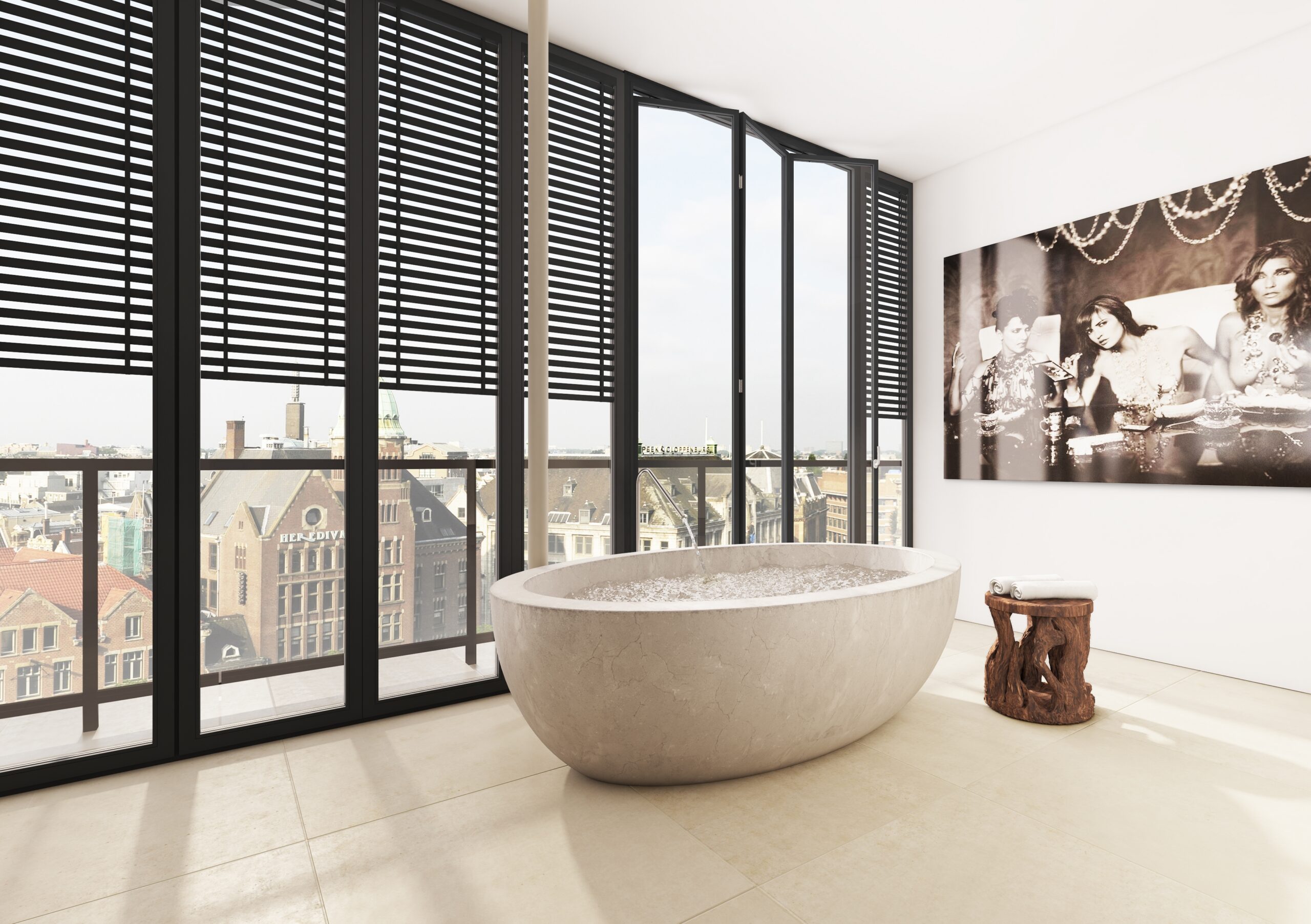Luxury bathroom visualization for Dam Square Residences overlooking Amsterdam's historic city centre