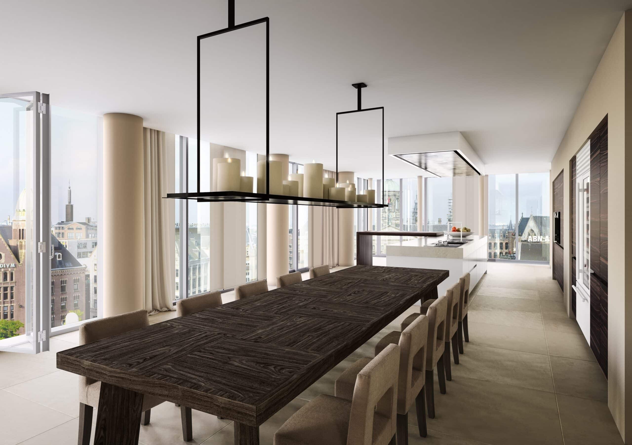 Open-plan kitchen and dining visualization for Dam Square Residences illustrating spacious urban living