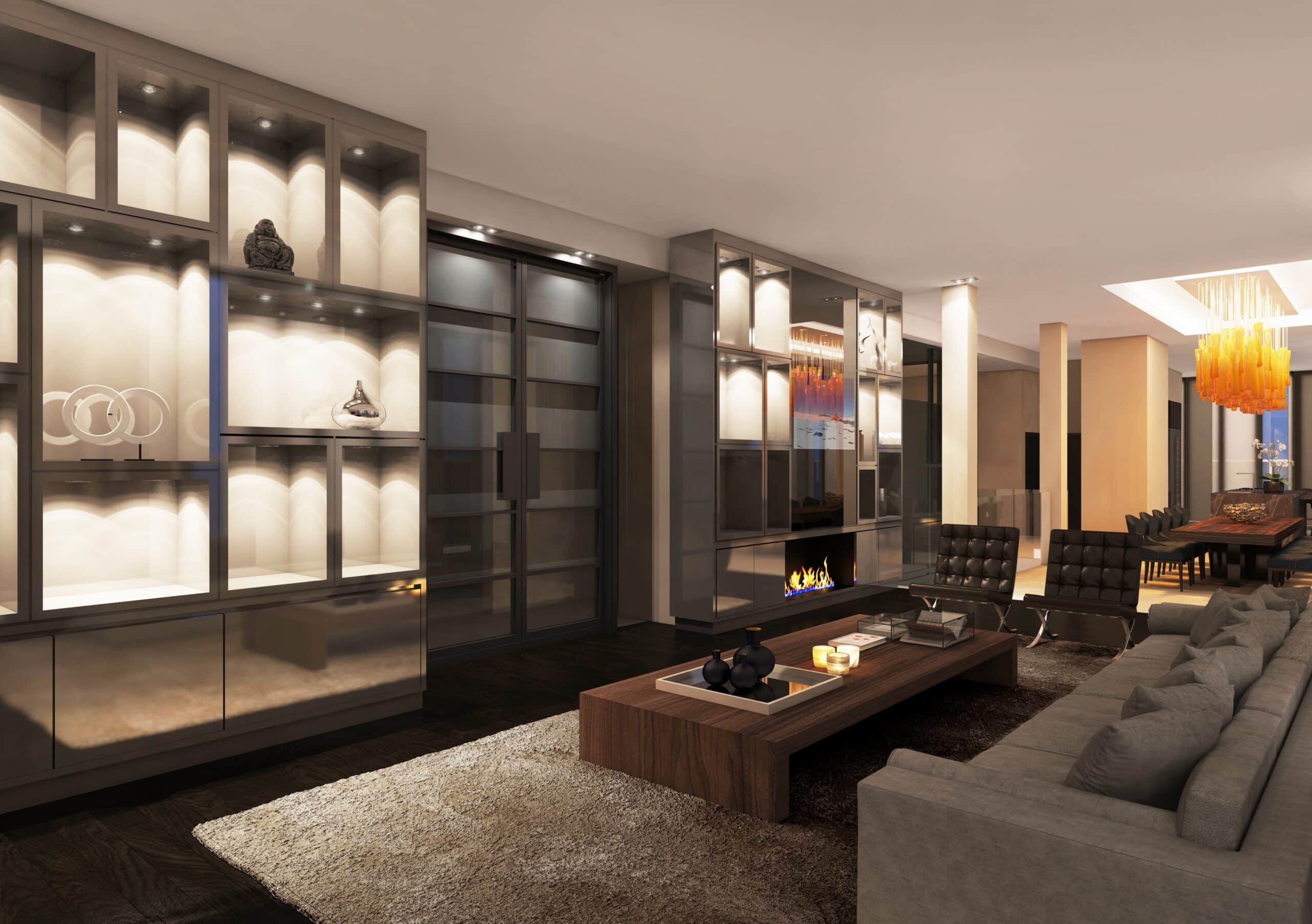 Living room visualization for Dam Square Residences highlighting custom joinery, integrated fireplace, and the connection between the seating and dining areas