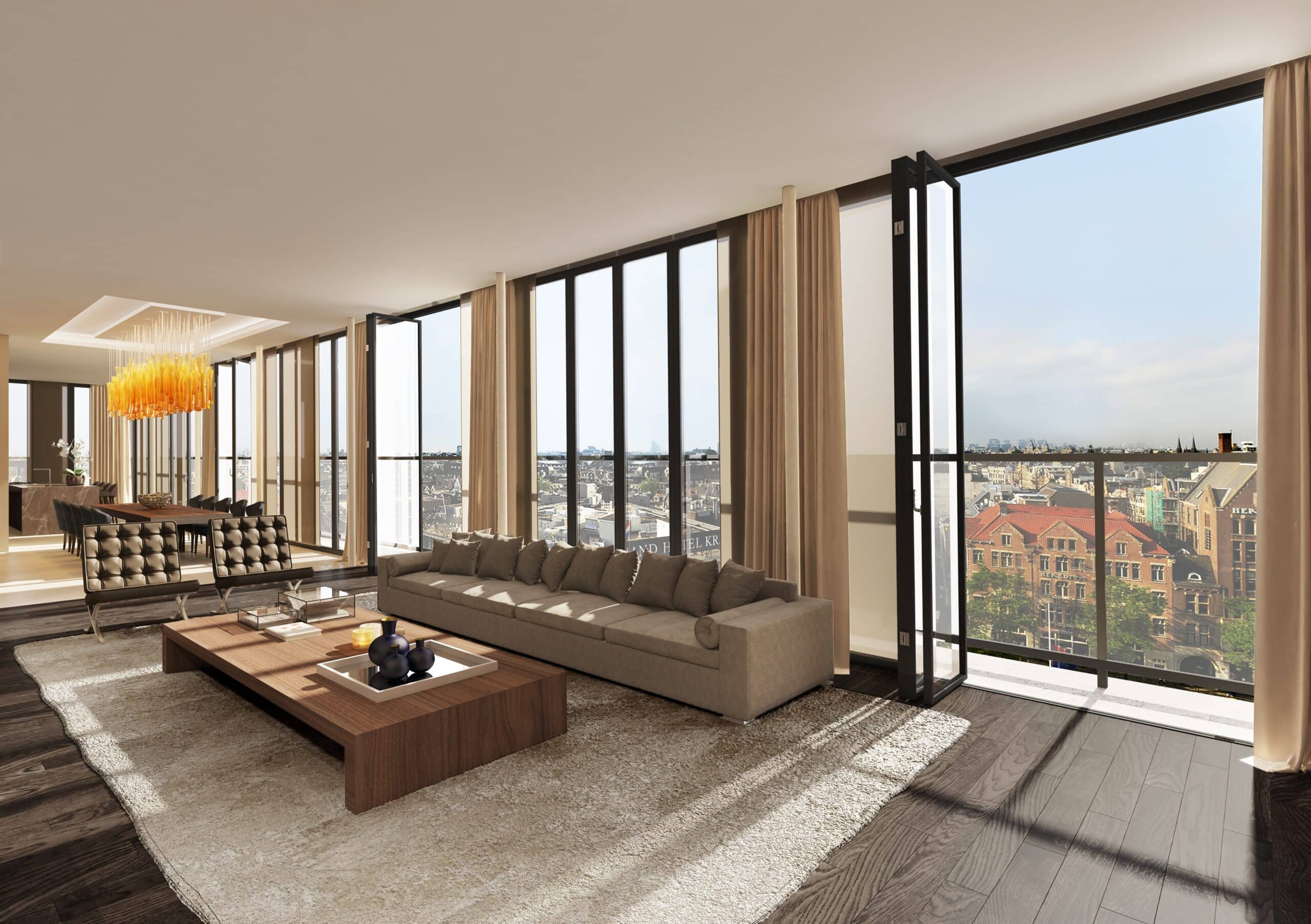 Living room visualization for Dam Square Residences showing full-height glazing, bi-fold doors, and panoramic views across central Amsterdam