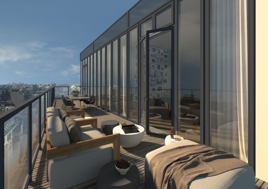Luxury residential development visualization showing a private rooftop terrace overlooking Dam Square in Amsterdam