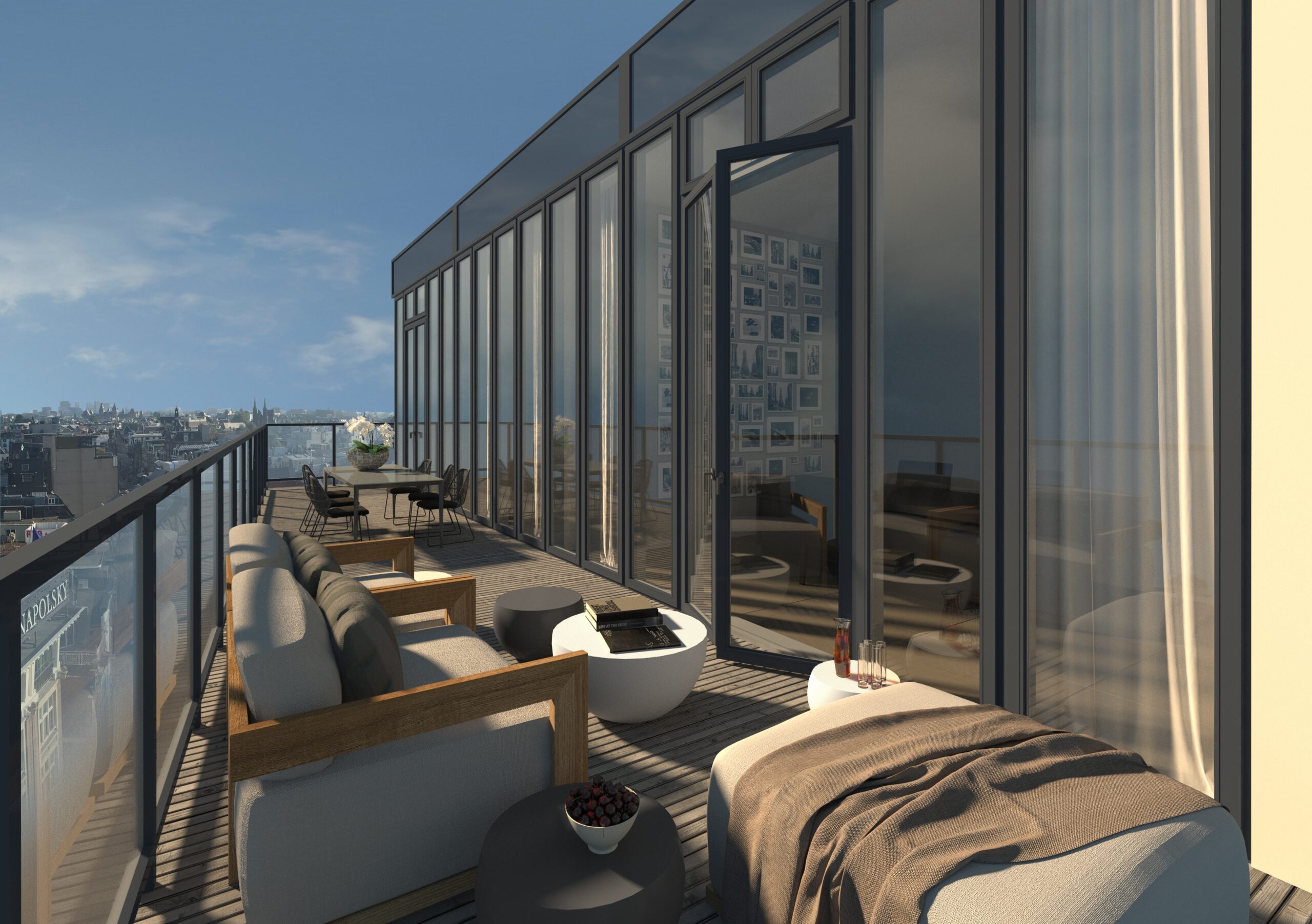 Luxury residential development visualization showing a private rooftop terrace overlooking Dam Square in Amsterdam