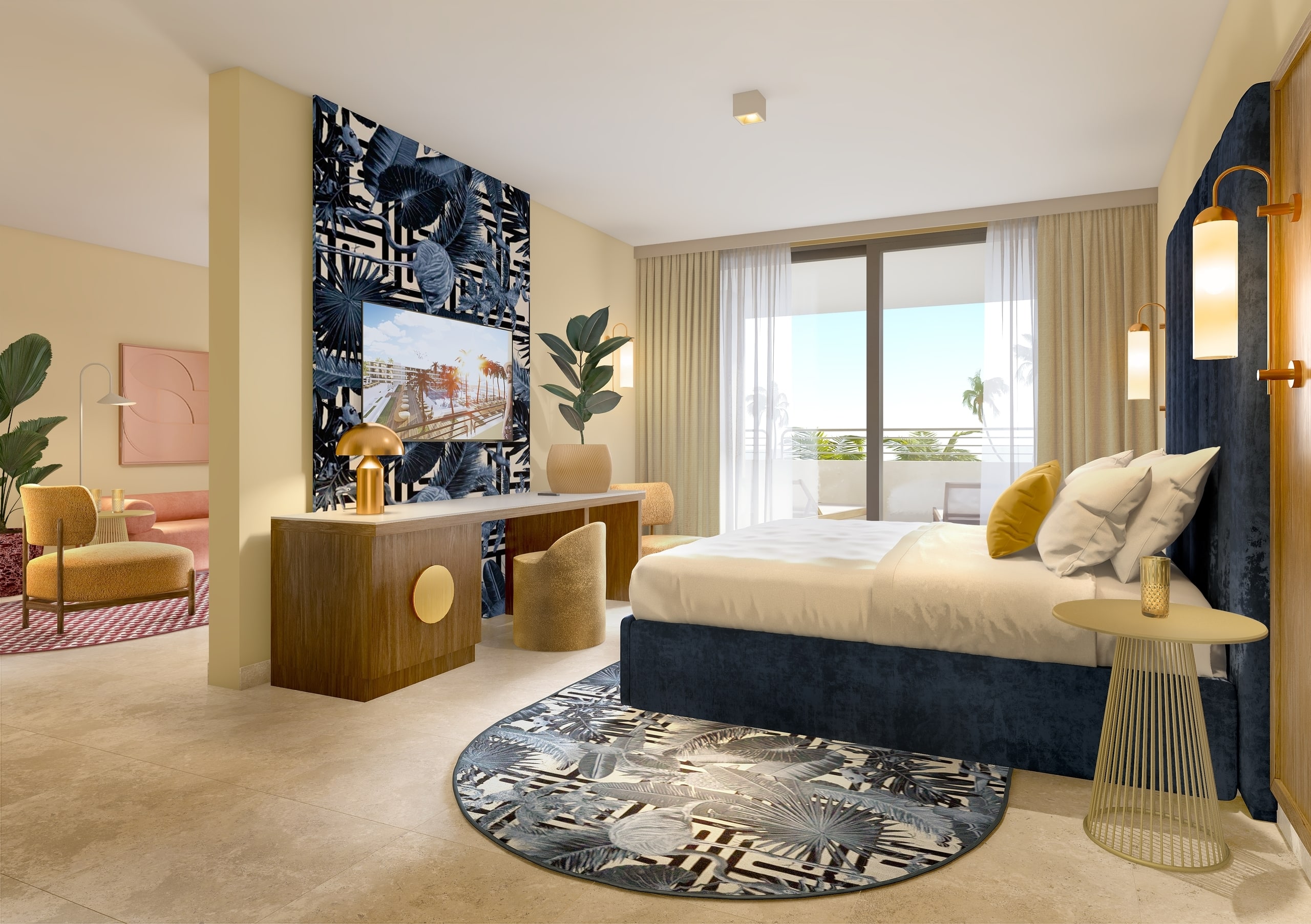 Suite bedroom at The Rif at Mangrove Beach showing the connection to the adjoining living area