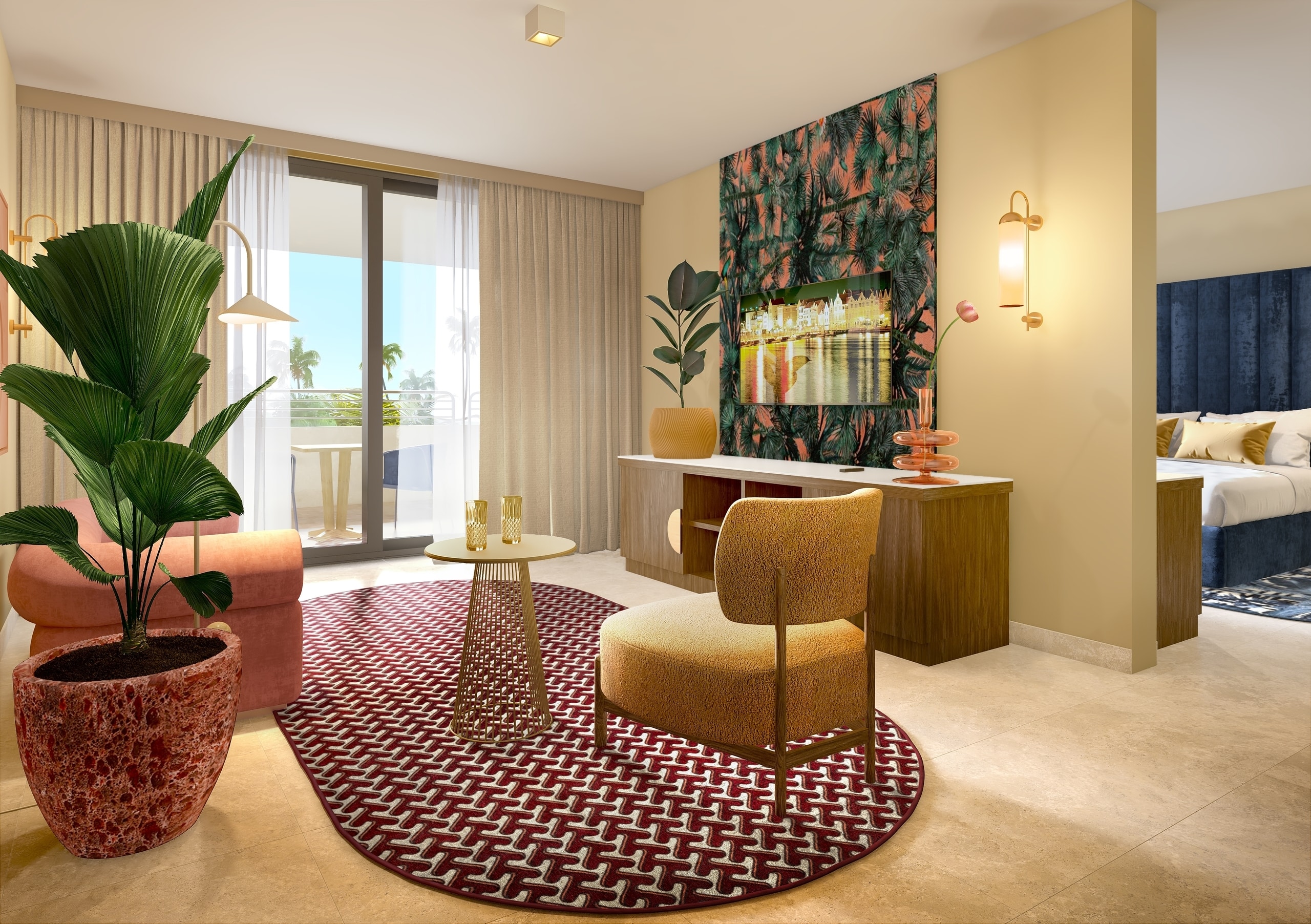 Suite living area at The Rif at Mangrove Beach showing the connection to the bedroom