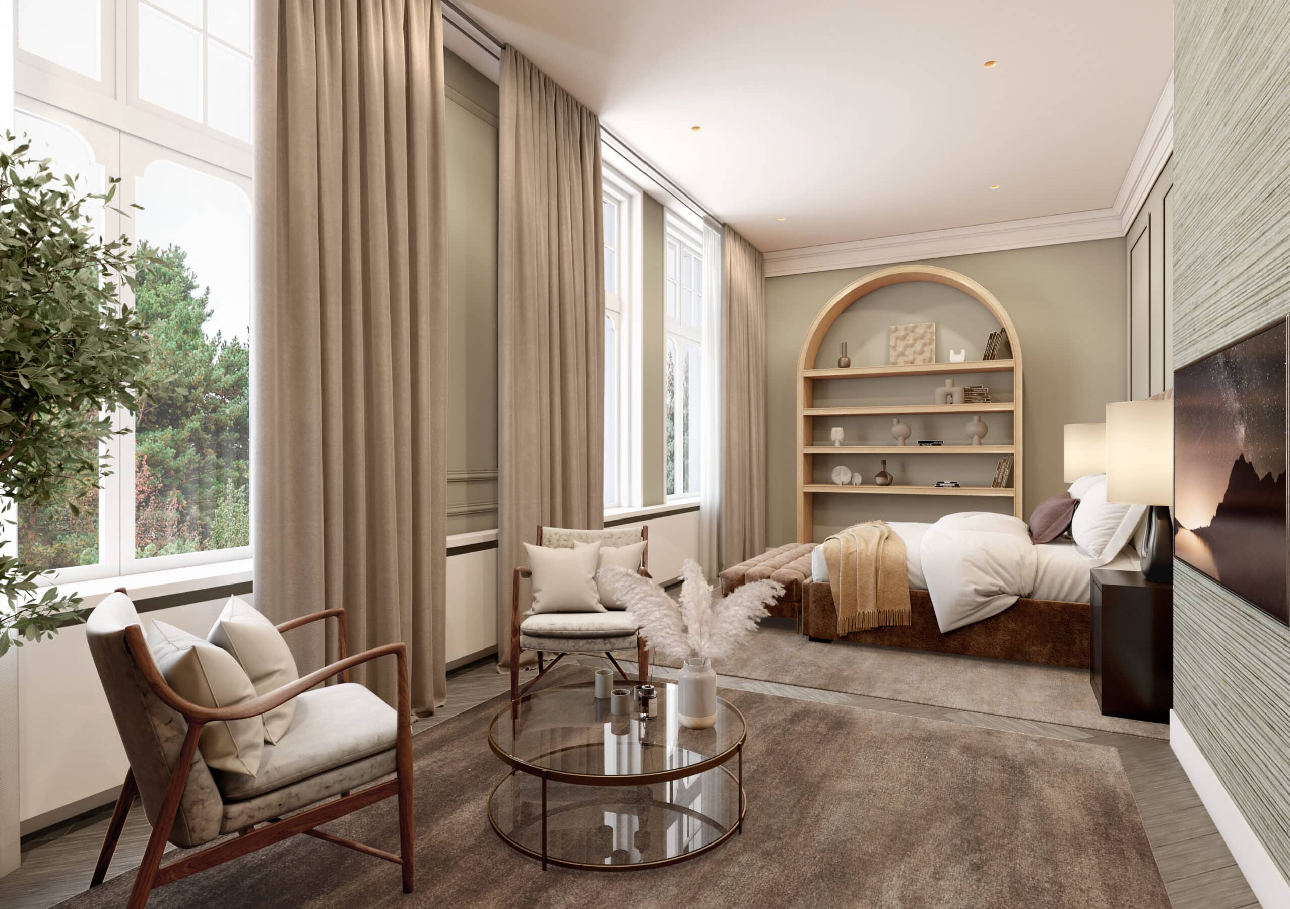 Residential master bedroom concept in Koningslaan with period architecture and contemporary furnishings