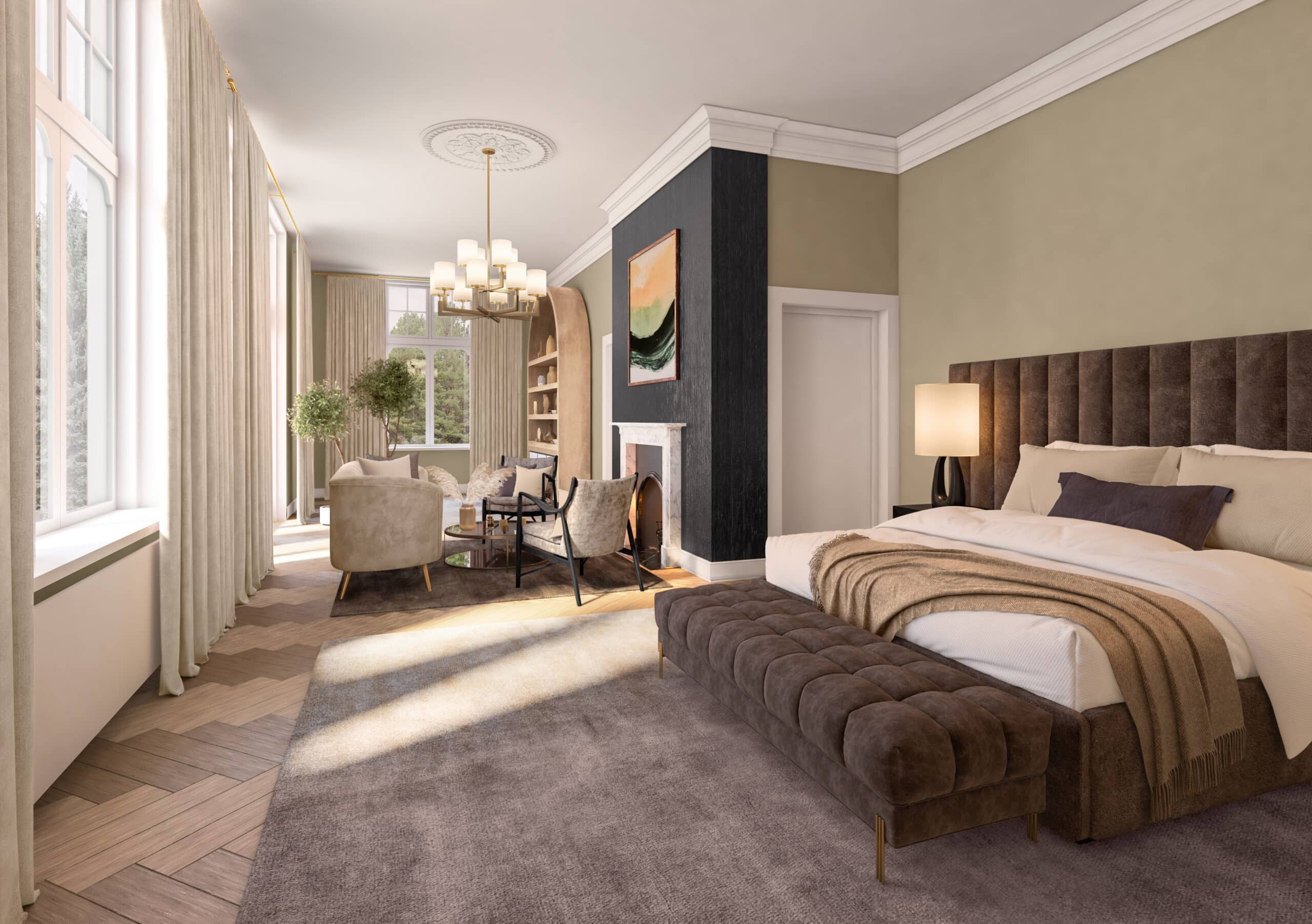 Residential bedroom concept in Koningslaan with tall windows, fireplace, bed and separate seating area