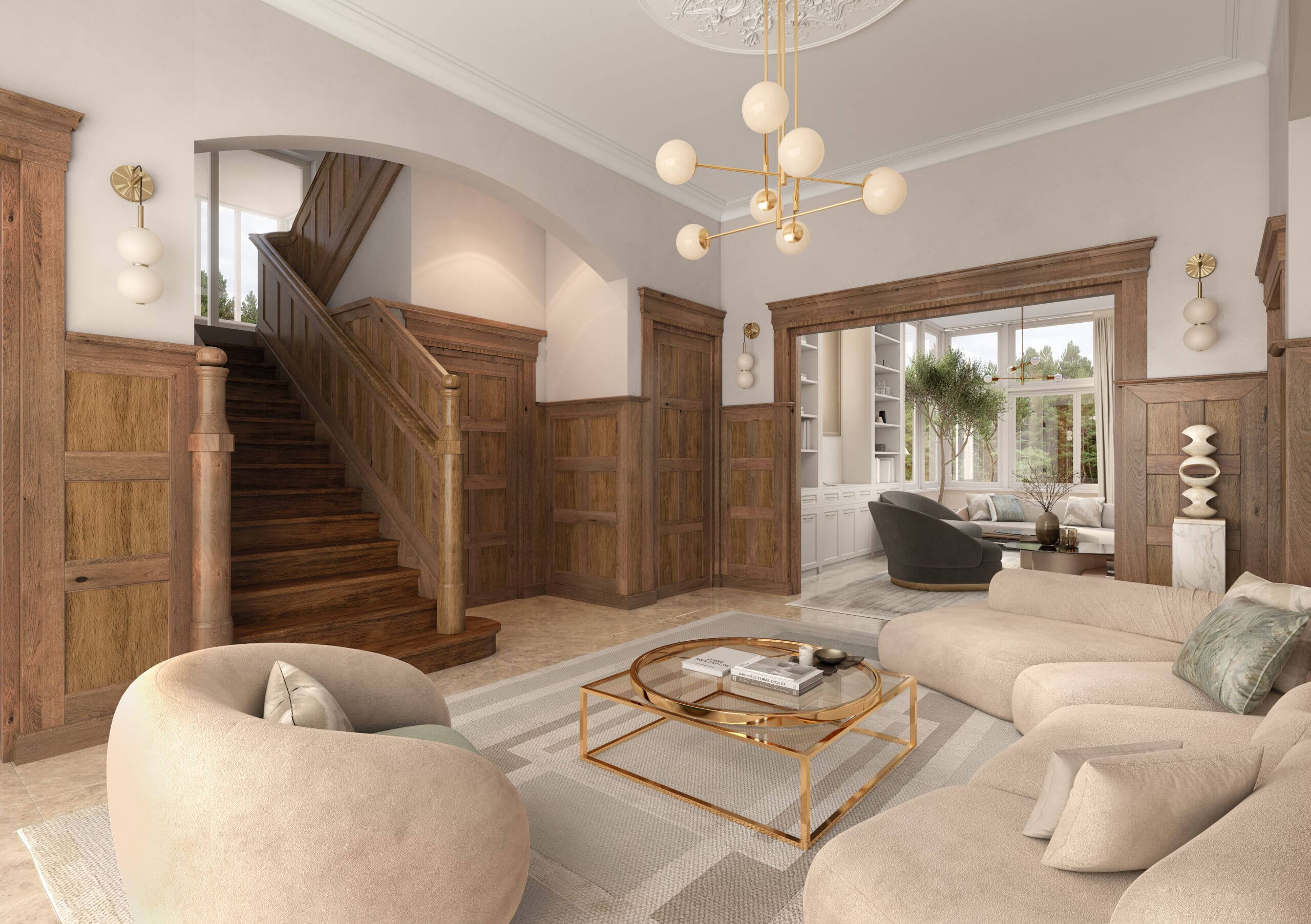 Office reception concept for the same Koningslaan entrance hall with timber panelling and staircase