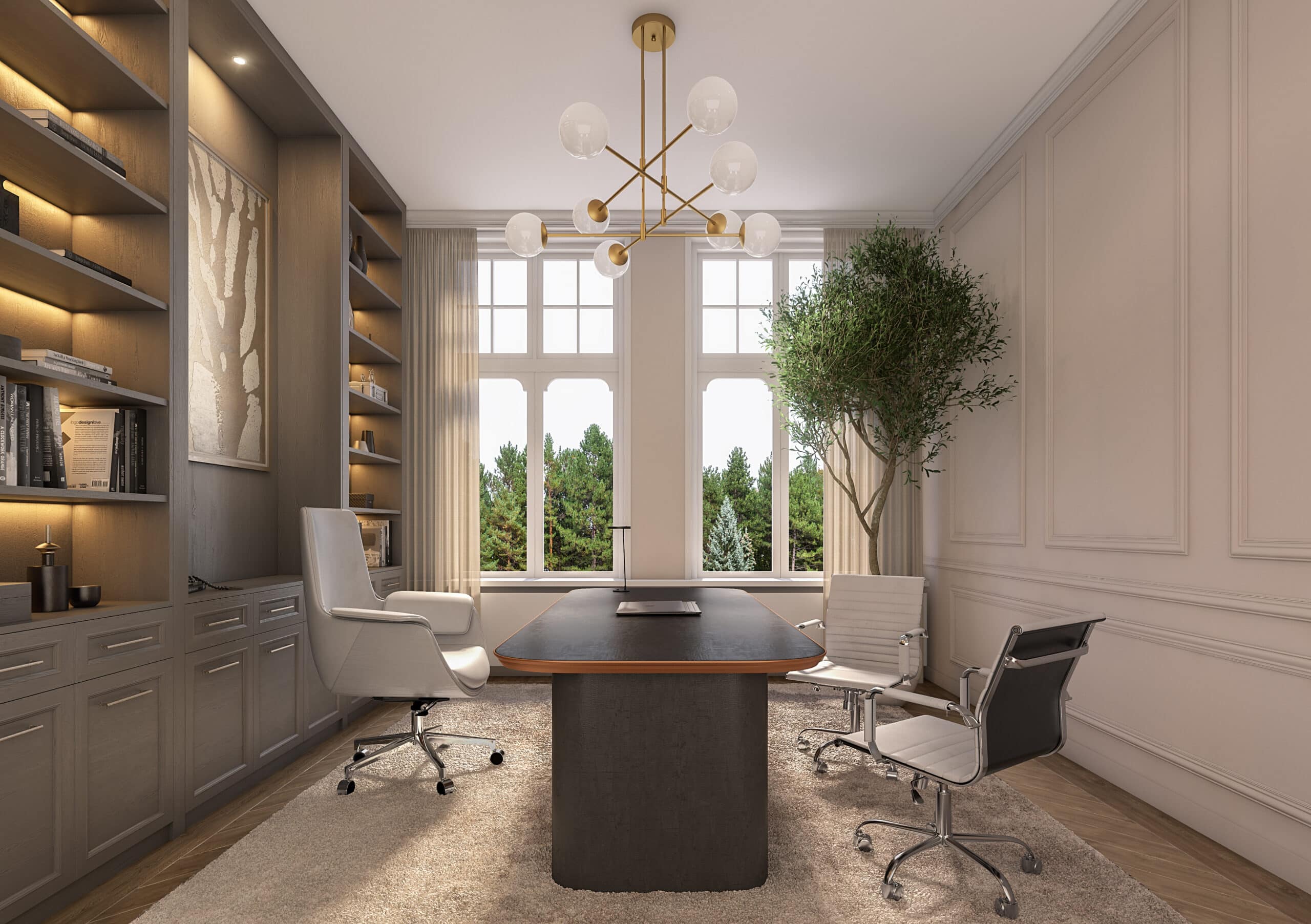 Office meeting room concept for the same Koningslaan space with meeting table and built-in storage