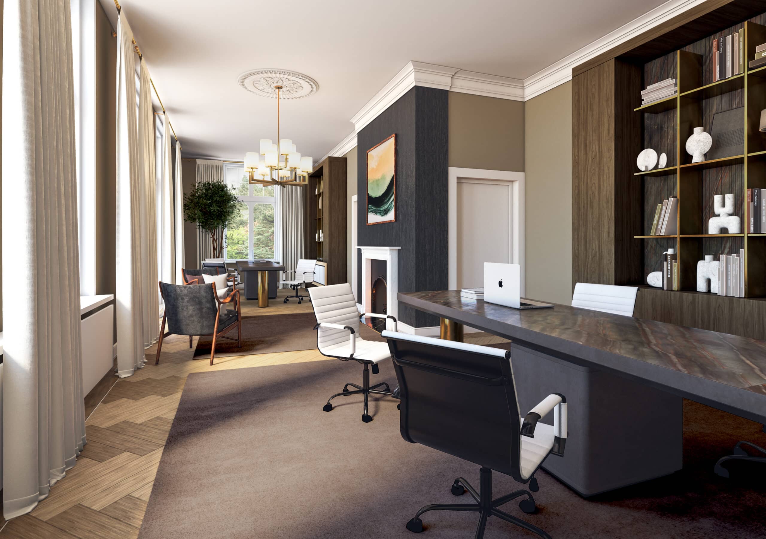 Office concept in Koningslaan with workstations, built-in shelving, tall windows and existing fireplace
