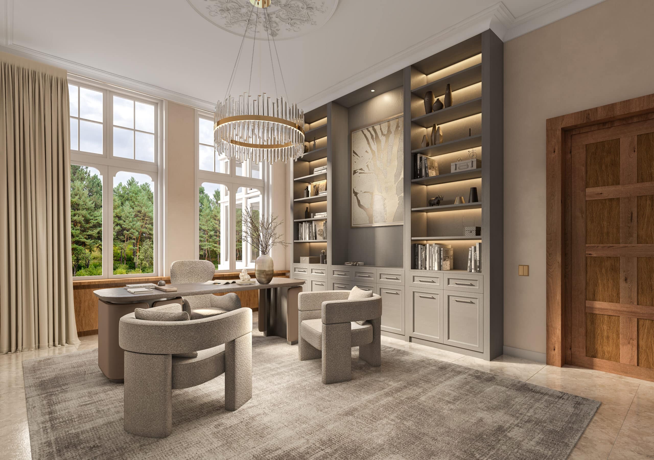 Office workspace concept for the same Koningslaan room with desk, meeting area and retained period architecture