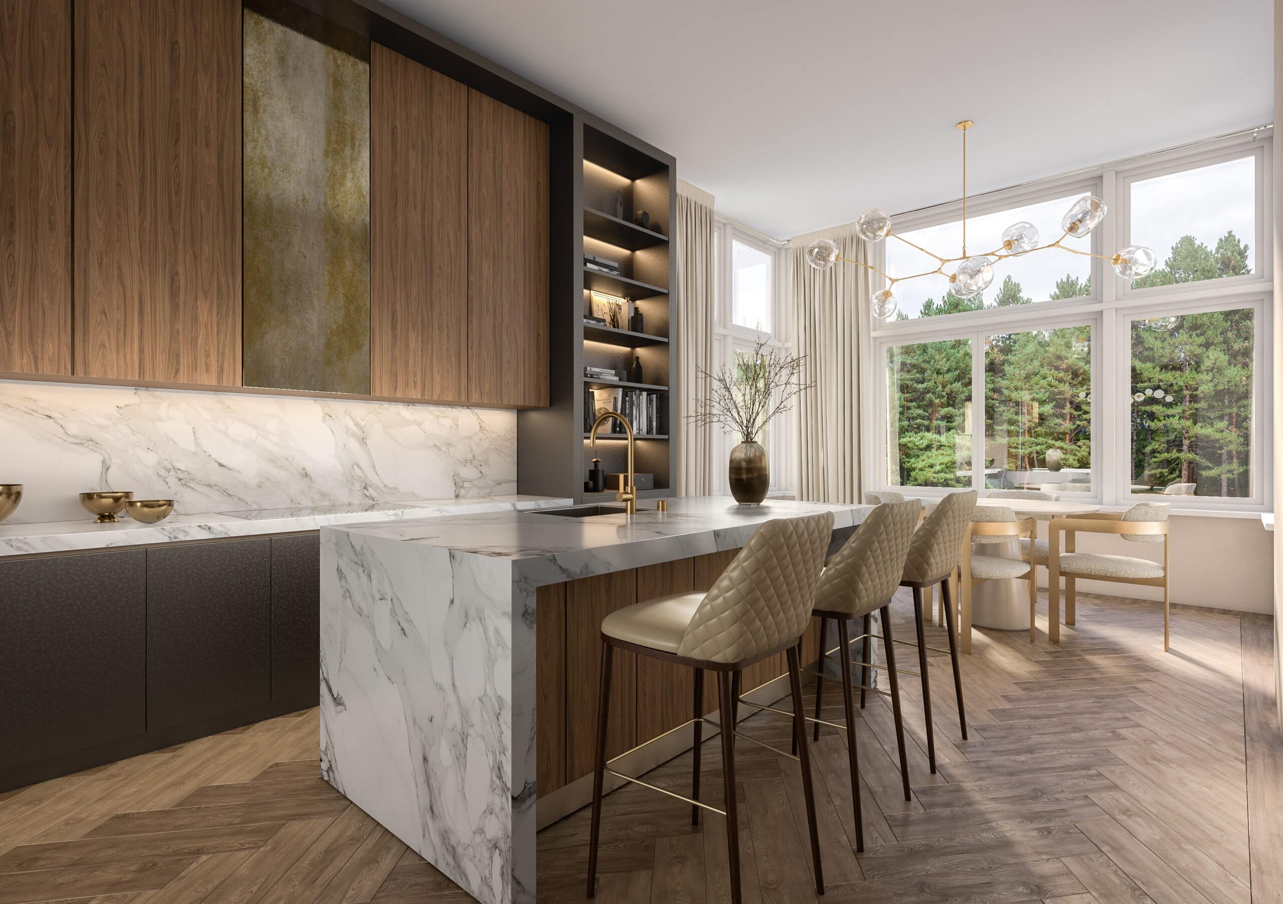 Residential kitchen concept for Koningslaan with stone island, timber cabinetry and tall windows