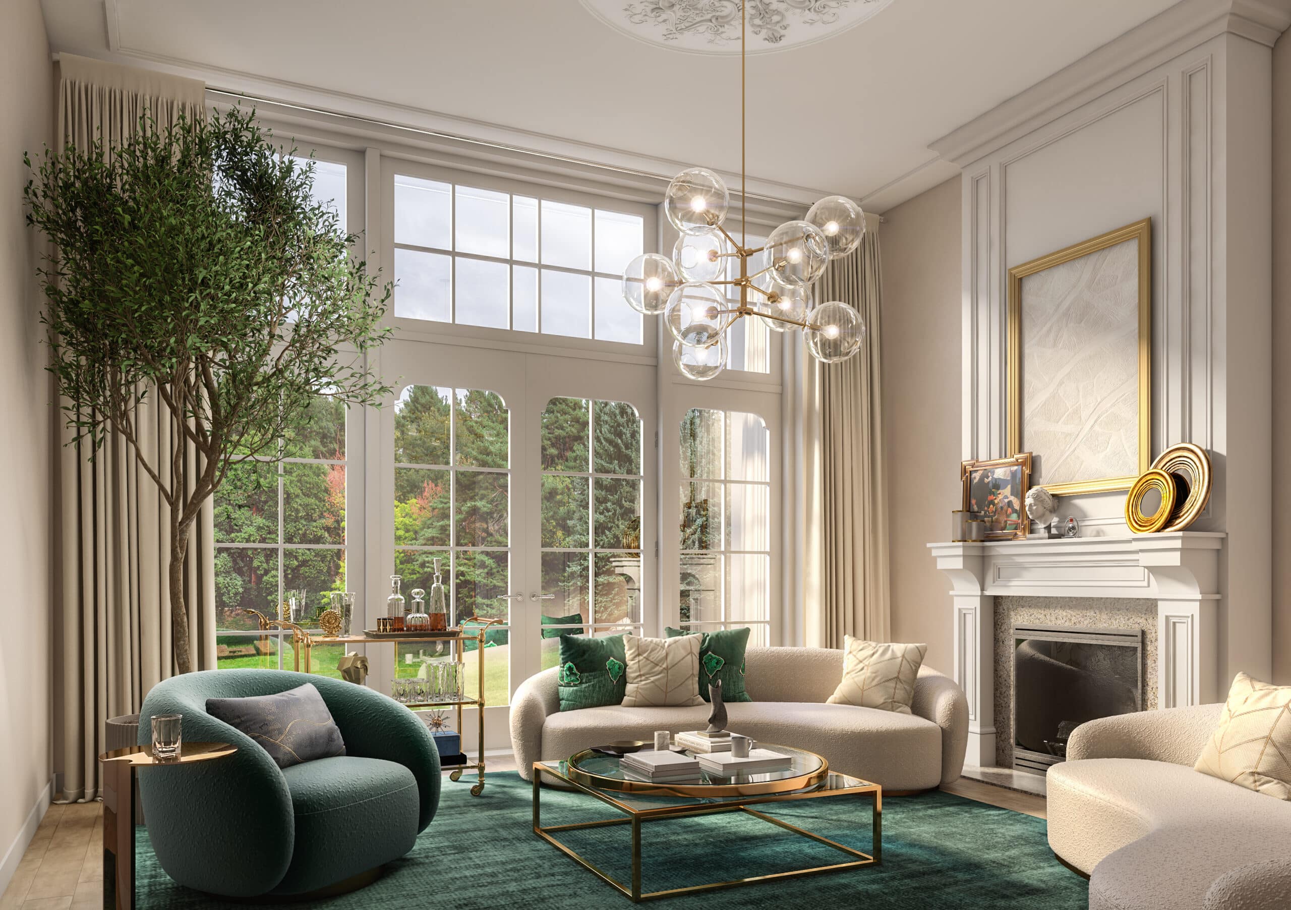 Residential living concept in Koningslaan with garden-facing windows, fireplace and contemporary seating