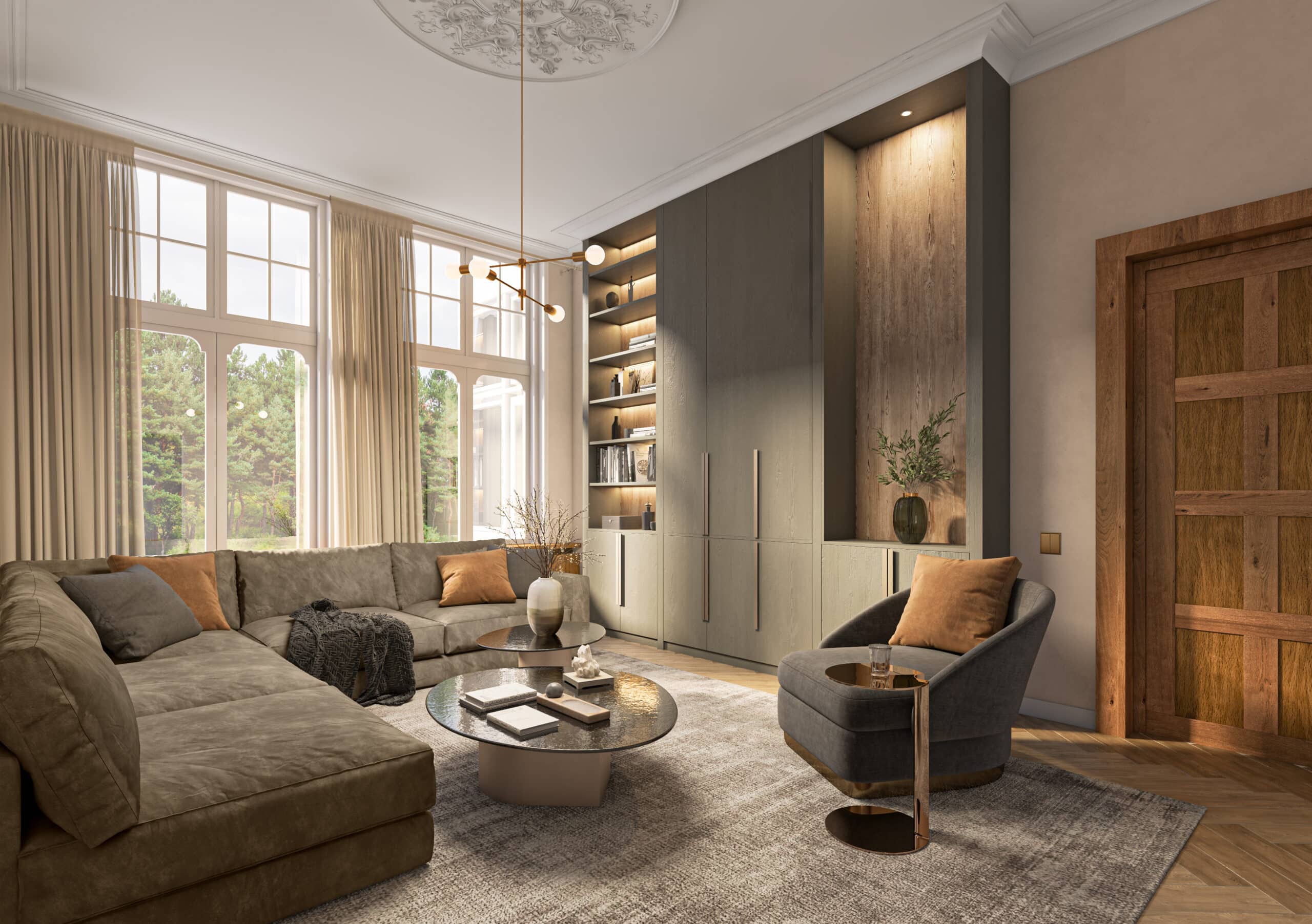Residential living room concept for Koningslaan with tall windows, period details and contemporary built-in cabinetry