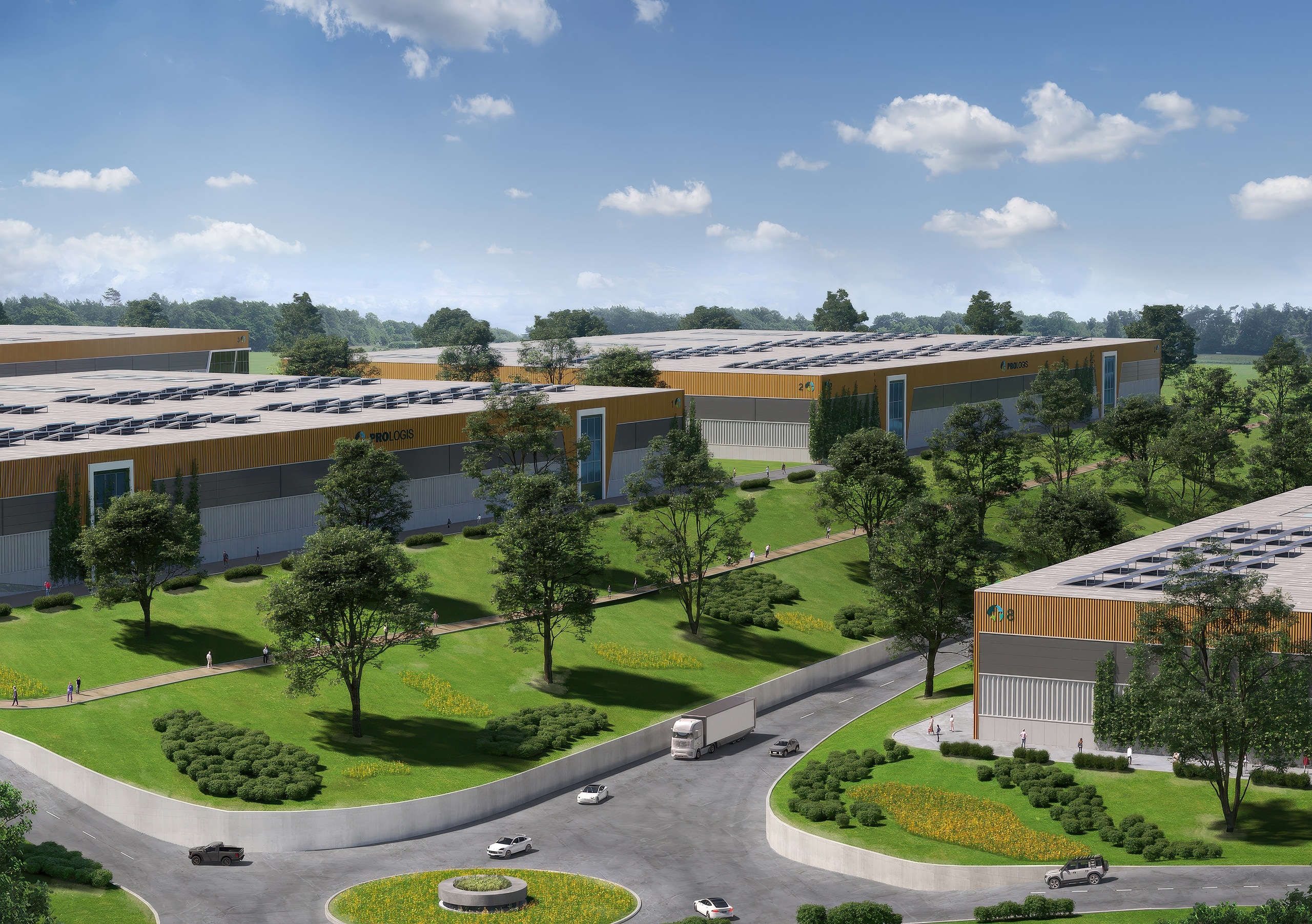 Aerial view of Prologis Parklife Sweden with logistics buildings, landscaped grounds, pedestrian routes and solar-panelled roofs