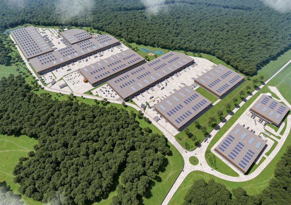 High aerial overview of Prologis Parklife Sweden with multiple logistics buildings, solar-panelled roofs, roads and landscaped areas