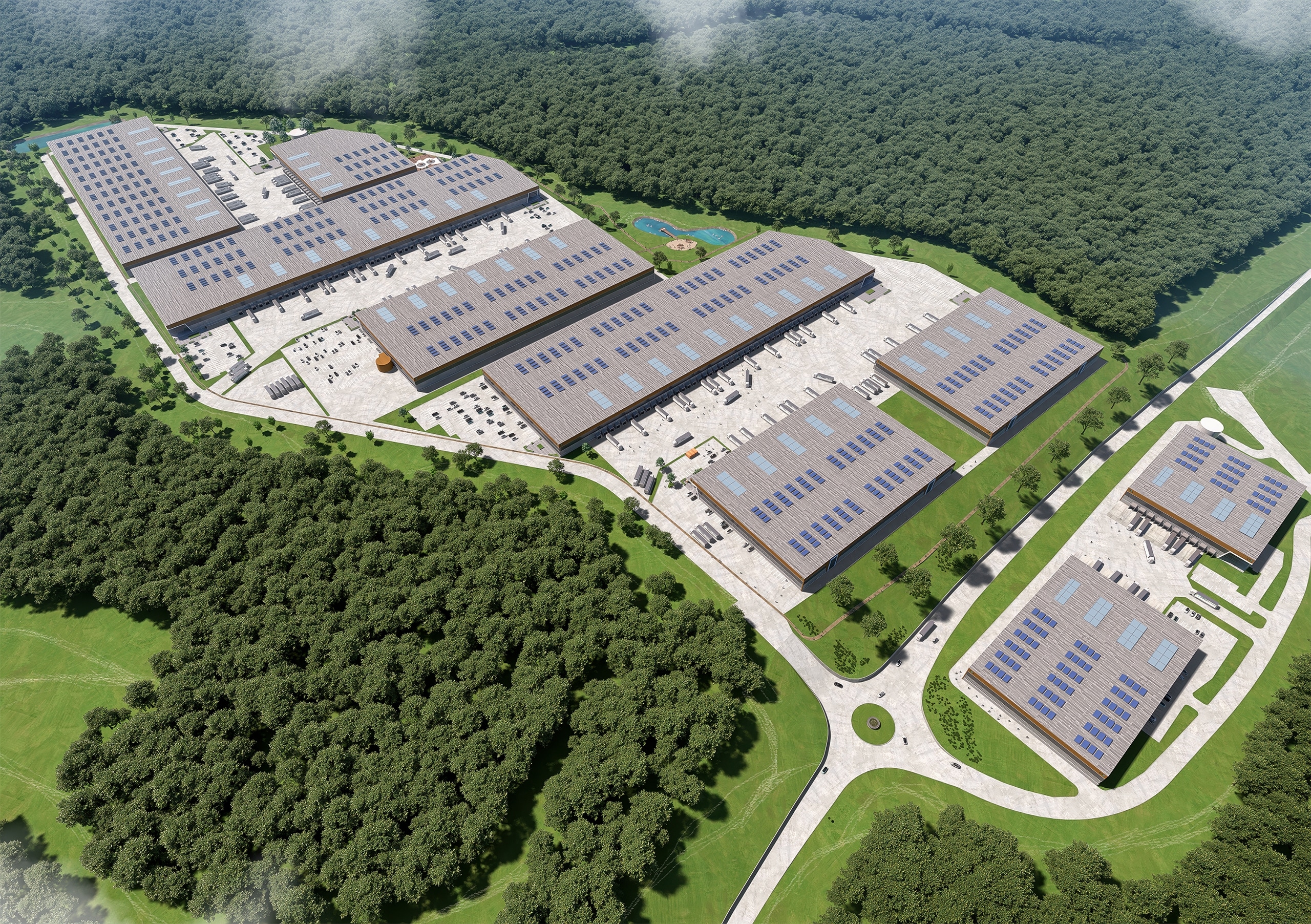 High aerial overview of Prologis Parklife Sweden with multiple logistics buildings, solar-panelled roofs, roads and landscaped areas