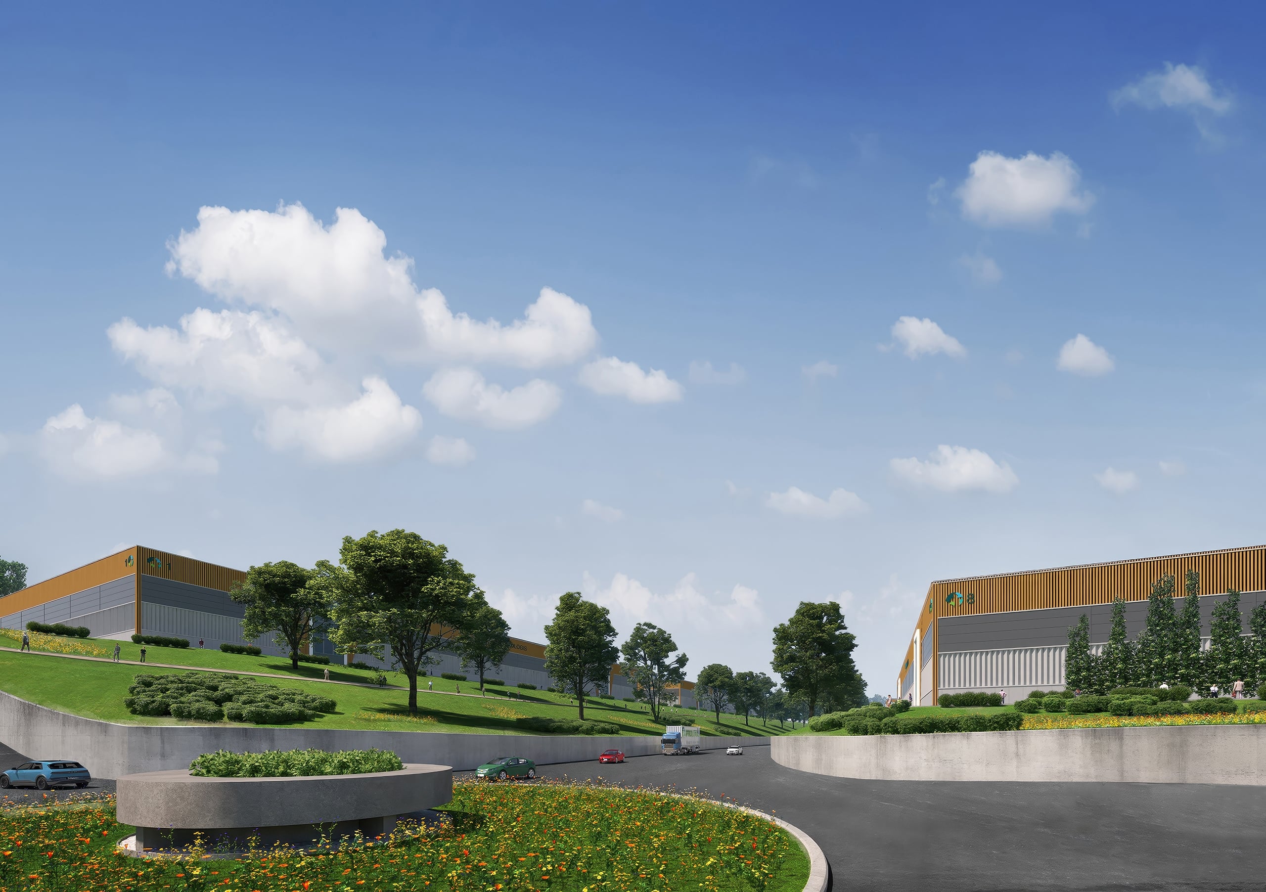 Ground-level approach to Prologis Parklife Sweden between landscaped embankments, mature trees and logistics buildings