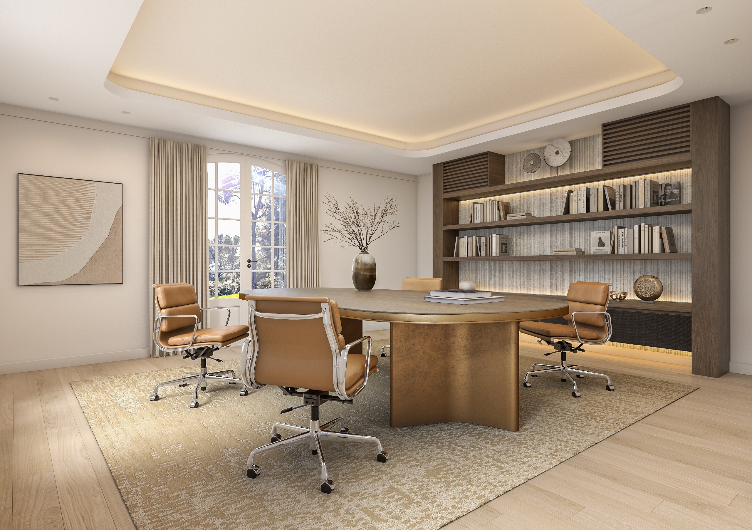Home office at Soft Form Residence with built-in shelving, central desk and soft neutral finishes