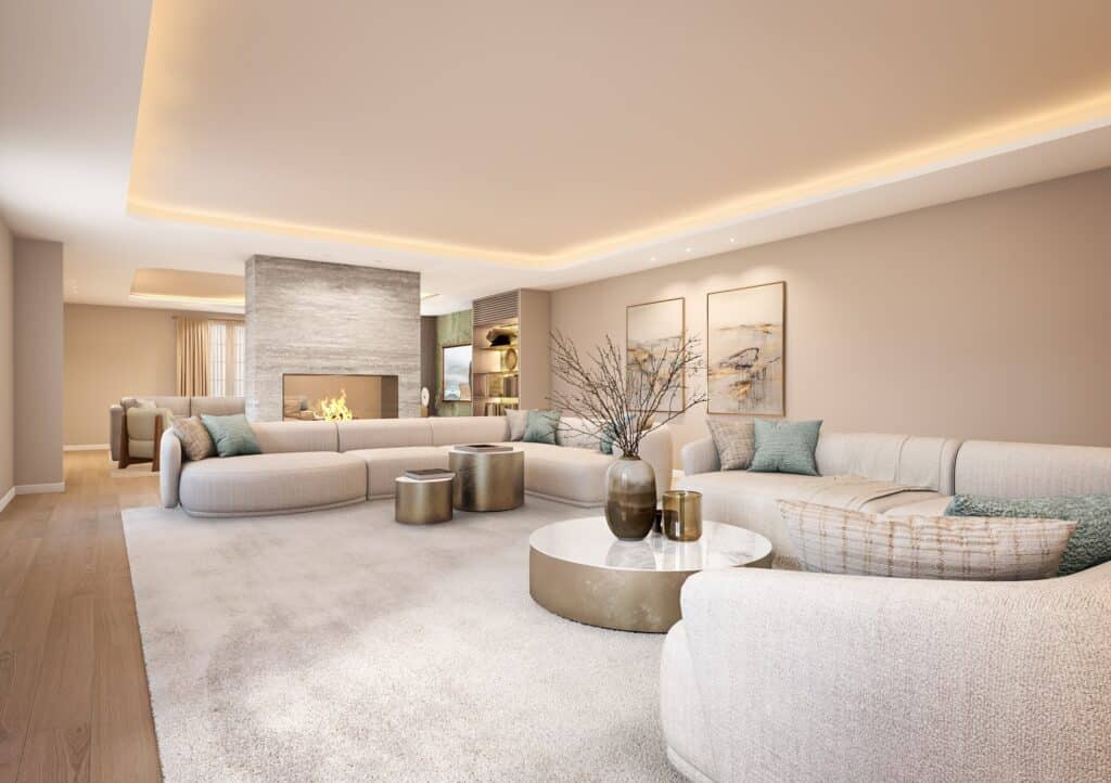 Living room at Soft Form Residence with curved seating, central fireplace and integrated architectural lighting