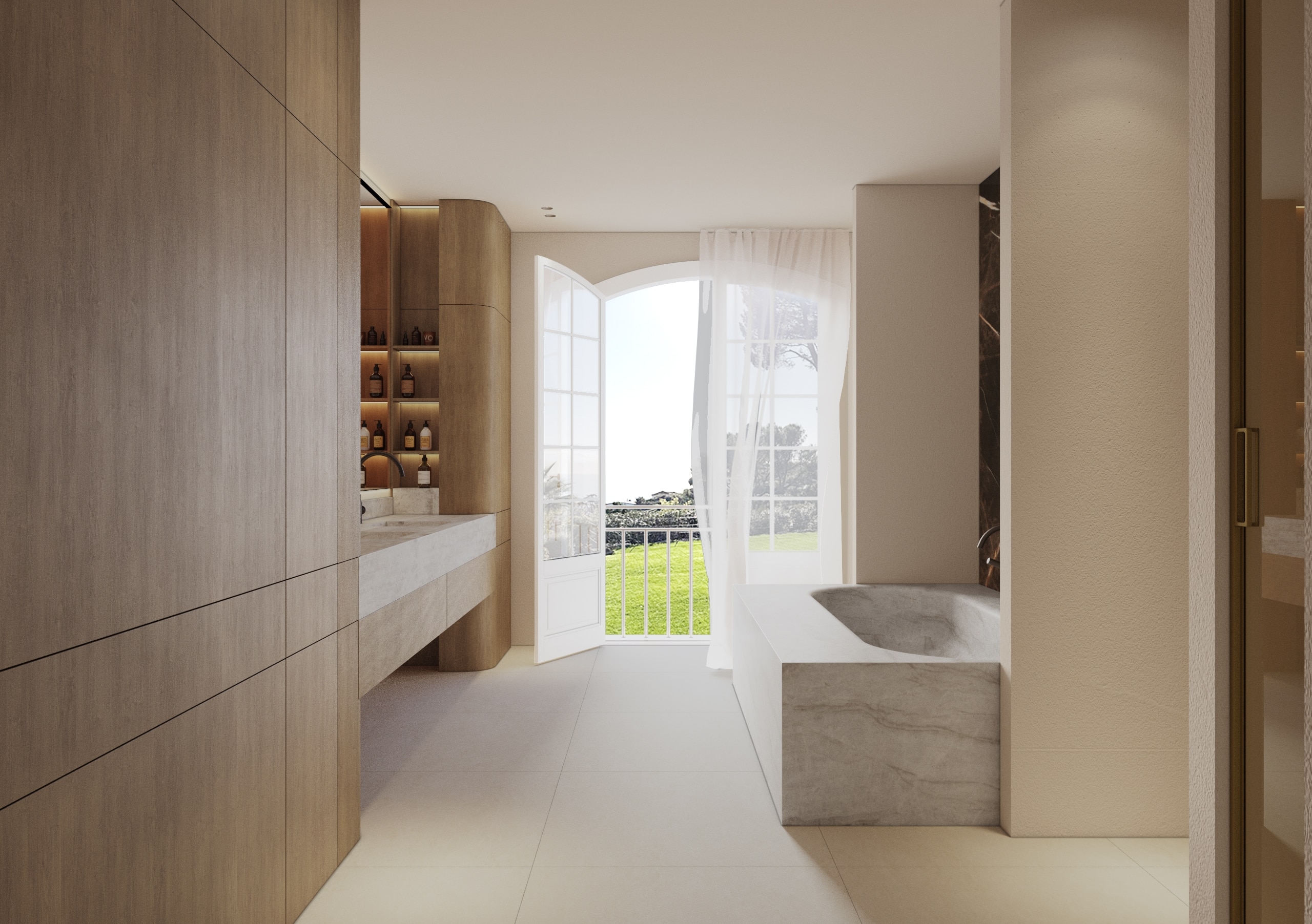 Master bathroom at Soft Form Residence with warm timber cabinetry, stone surfaces and garden views