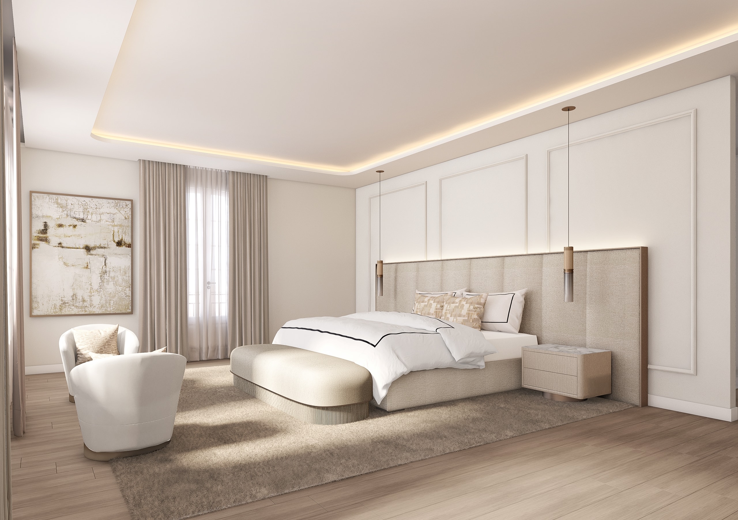 Master bedroom at Soft Form Residence with upholstered bed, integrated cabinetry and softly filtered daylight