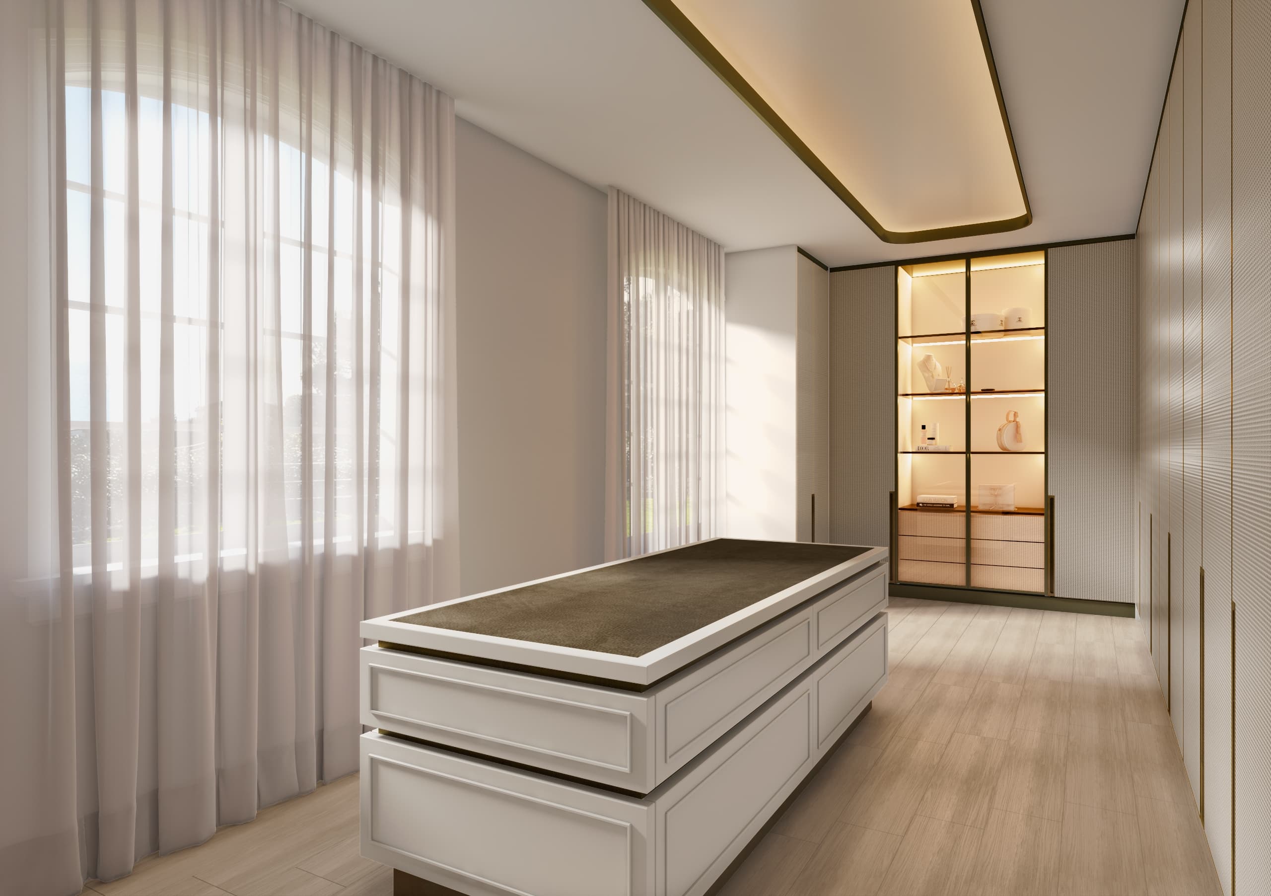 Master dressing room at Soft Form Residence with central storage island, integrated cabinetry and display lighting